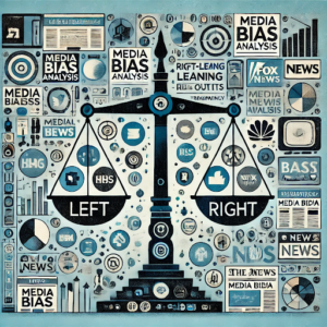 Illustration showing a balanced scale with symbols representing left-leaning and right-leaning media outlets, surrounded by digital news elements, symbolizing media bias analysis and balanced news consumption.